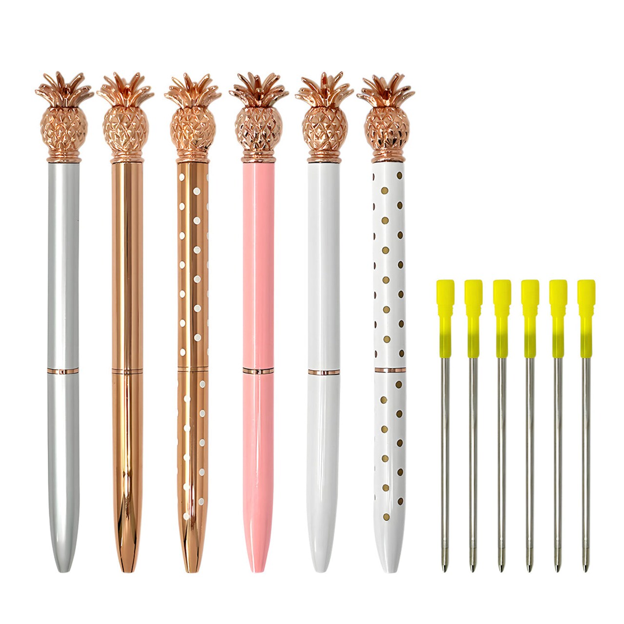 Wrapables Novelty Pineapple Ballpoint Pens, 1.0mm Medium Point Retractable Metal Pens with Refills (Set of 6 Pens + 6 Refills)